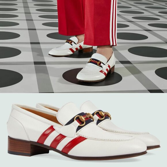 GUCCI SHOES ADIDAS TRIO STRIPE TREFOIL WHITE WEB HORSEBIT LOAFER sz 7.5 8 - Picture 1 of 15